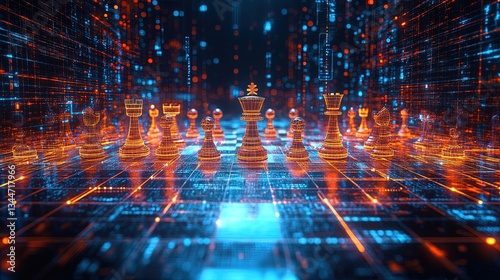 Digital chessboard with glowing pieces, symbolizing strategy and foresight, abstract background 