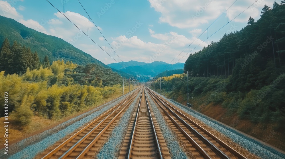 Fototapeta premium Mountain Railroad Track View, Sunny Day, Travel