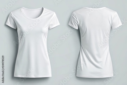 White Women's Fitted T-Shirt Front and Back View on Light Background, Ideal for Clothing Mockups or Fashion Photography, Featuring Crew Neck and Short Sleeves, Plain Design