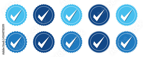Set of verified badge. blue tick vector. Set of right symbol in zig zag style with blue and white color and shadows, Social media official account tick symbol, Vector icon