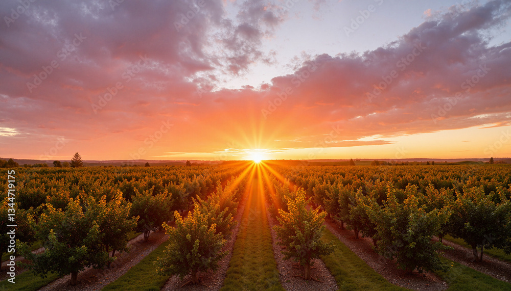 Obraz premium Golden sunset illuminating cherry orchard landscape, nature's beauty
