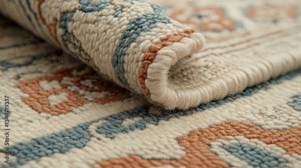 Fototapeta premium Close Up Textured Off White Rug with Dusty Blue and Terracotta Pattern