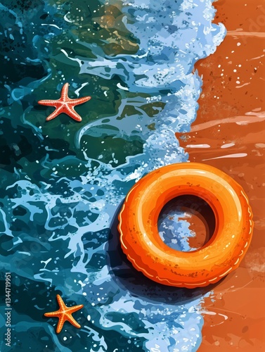 Bright Orange Float Ring on Sandy Beach With Waves and Starfish During Sunny Day