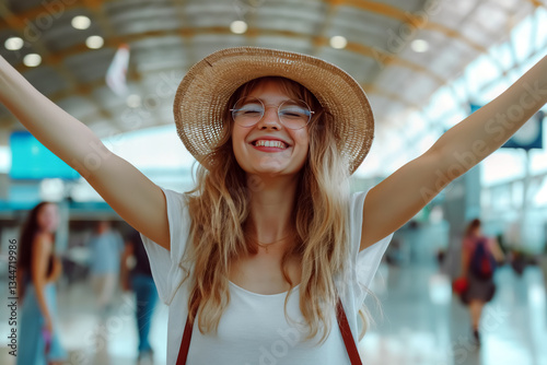 A young woman is feeling excited as she heads to the airport for a vacation. Her joyful expression and bright energy capture the thrill of travel and the anticipation of her upcoming adventure.