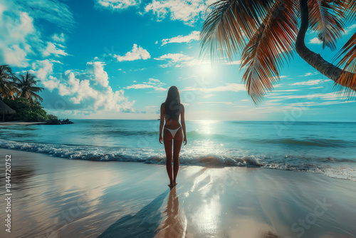 A young woman standing on the beach in a bikini, gazing at the horizon with her back to the camera, capturing the essence of summer relaxation and coastal beauty.