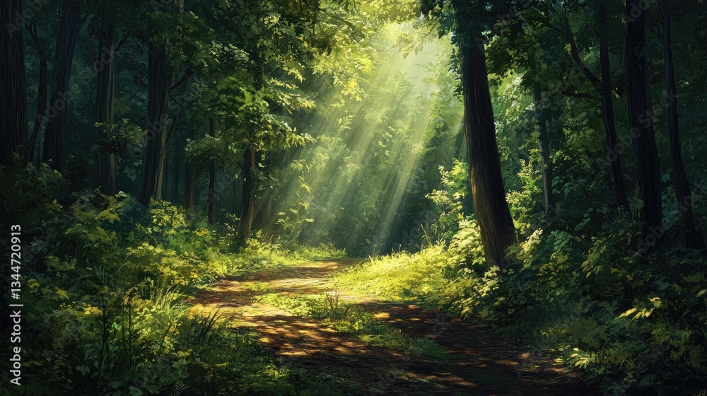 Obraz premium Sunlight Streaming Through Lush Green Trees in a Serene Forest Pathway