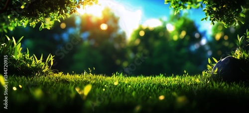 Serenity in a Sunlit Forest Clearing During Early Morning With Soft Grass and...