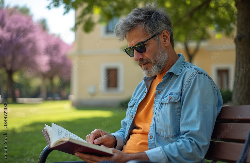 Obraz premium Man with vision impairment reads book in park. Mature male using finger reads page text. Handicapped person education with braille. Blind man reads braille book with glasses on bench outdoors.