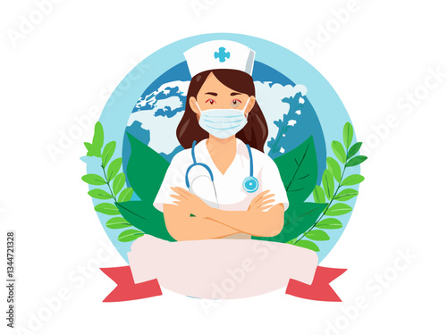 A vibrant illustration celebrating International Nurses Day. Nurses assisting senior in wheelchair on International Nurses Day. Vector silhouette design color full and  typography. International Nurse