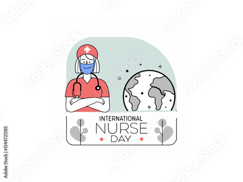 A vibrant illustration celebrating International Nurses Day. Nurses assisting senior in wheelchair on International Nurses Day. Vector silhouette design color full and  typography. International Nurse