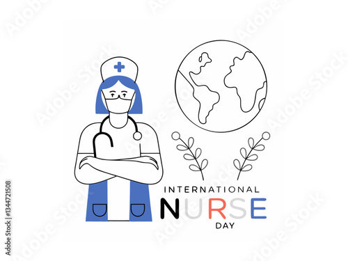 A vibrant illustration celebrating International Nurses Day. Nurses assisting senior in wheelchair on International Nurses Day. Vector silhouette design color full and  typography. International Nurse