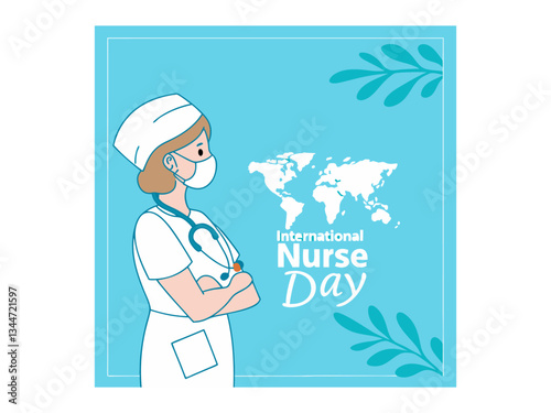 A vibrant illustration celebrating International Nurses Day. Nurses assisting senior in wheelchair on International Nurses Day. Vector silhouette design color full and  typography. International Nurse