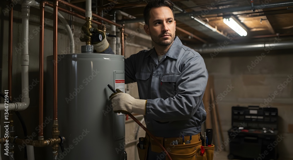 Plumber Servicing a Water Heater in a Basement with Professional Tools (Industry) Plumber Servicing a Water Heater in a Basement with Professional Tools (Industry)