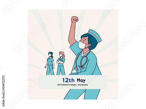 A vibrant illustration celebrating International Nurses Day. Nurses assisting senior in wheelchair on International Nurses Day. Vector silhouette design color full and  typography. International Nurse