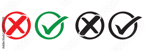 Green check marks and red cross mark icon button. Check mark icons set. Tick and cross symbol. Accepted or rejected, true or false, right or wrong, yes or no signs icons. Vector illustration.