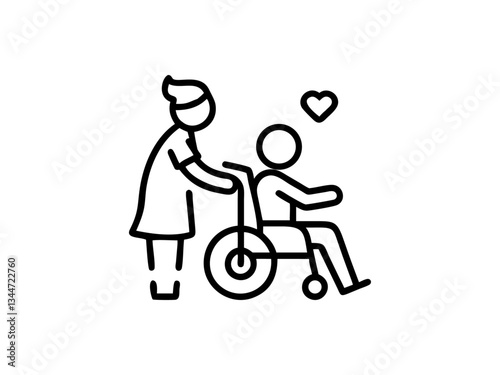 Simple line art graphic for International Nurse's Day a minimalist, black and white illustration of a caregiver assisting someone in a wheelchair. Nurse's Day vector out line illustration design. Inte
