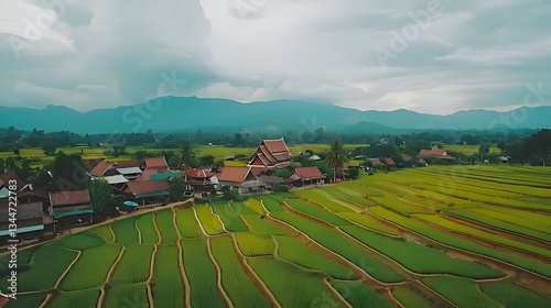 Aerial view of a village with rice paddies and mountains in the background.  Possible use Stock photo for travel, nature, agriculture, or Asian culture photo