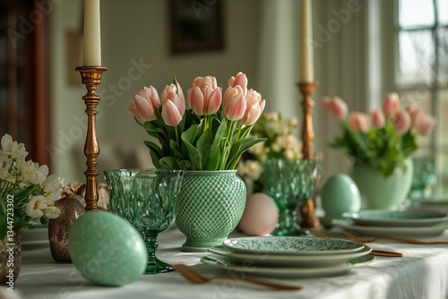 Elegant Spring Table Setting With Tulips and Pastel Eggs for Festive Celebration