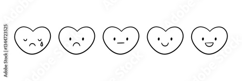 Cute doodle heart face icon set. Smile, sad and cry heart. Love kawaii emoji. Hand drawn romantic emoticon. Expression shape. Good and bad mood. Vector illustration isolated on white background.