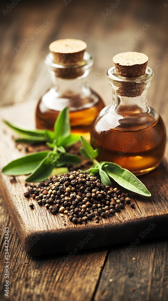 Aromatic Oils and Spices on Rustic Board. Aromatic Oils and Spices on Rustic Board.