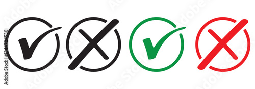 Tick, cross icon button set. Yes or no symbol, approved or rejected icon for user interface.