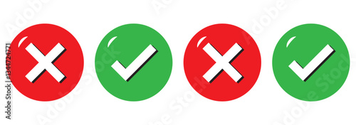 Tick, cross icon button set. Yes or no symbol, approved or rejected icon for user interface.
