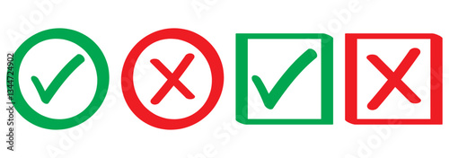 Check mark icon button set. Check box icon with right and wrong buttons and yes or no checkmark icons in green tick box and red cross.