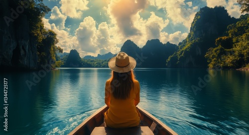 Woman Rowing a Boat in Tranquil Waters Surrounded by Cliffs at Sunrise in a T...
