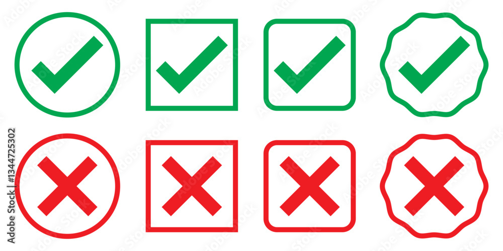 Set of green and red check box with yes and no sign. Modern label icons check mark and cross on transparent background. Set of green and red check box with yes and no sign. Modern label icons check mark and cross on transparent background.