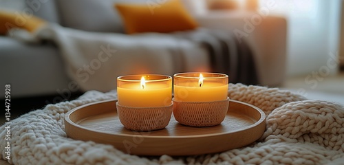 Cozy Evening With Glowing Candles on a Textured Blanket in a Softly Lit Livin...