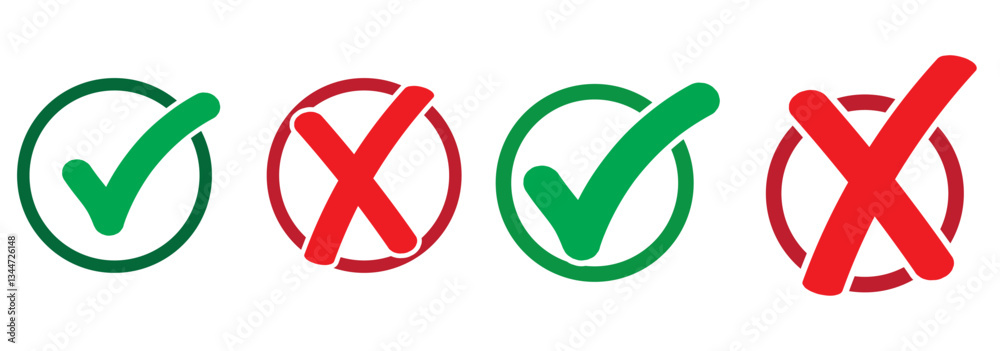 Right and wrong icon set. Green checkmark and red cross mark symbol. Solid and outline icons vector collection. Right and wrong icon set. Green checkmark and red cross mark symbol. Solid and outline icons vector collection.
