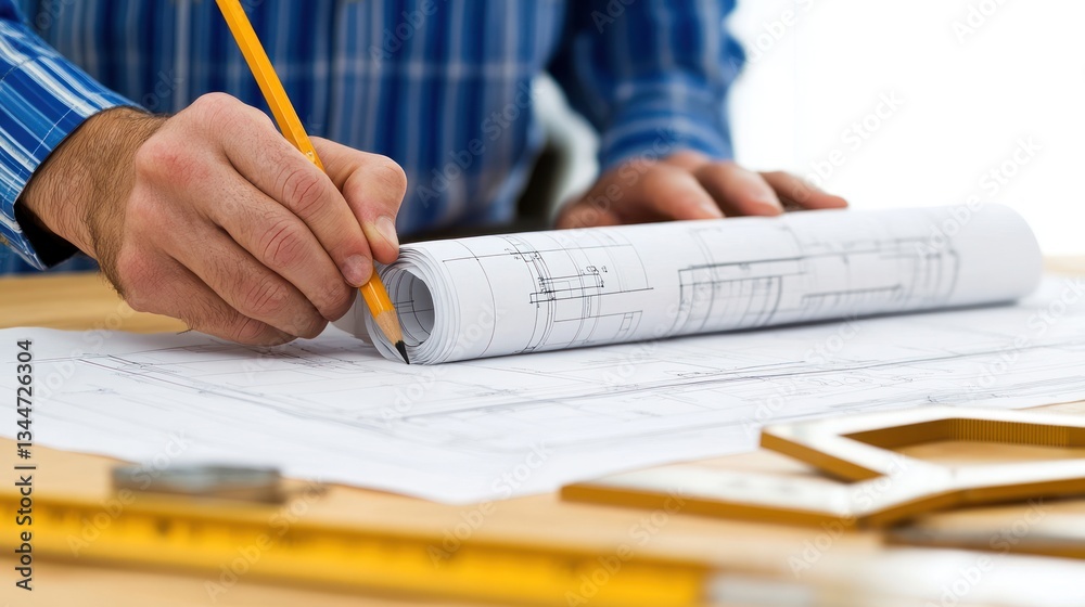 Architect reviewing blueprints with pencil and tools. Architect reviewing blueprints with pencil and tools.