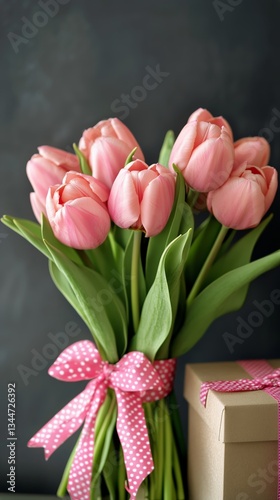 Pink Tulips in a Bouquet With a Gift Box on a Dark Background for a Special O...