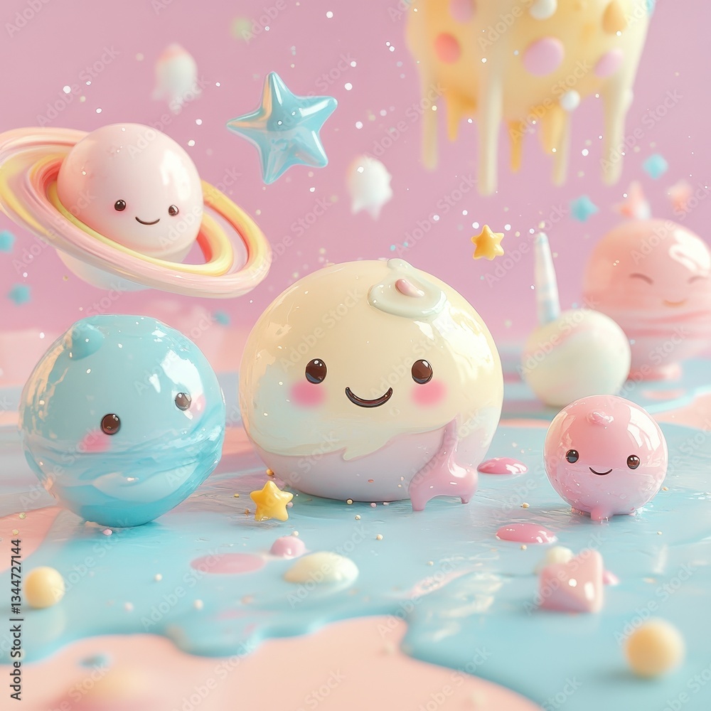 Cute colorful planets and celestial objects with happy faces Cute colorful planets and celestial objects with happy faces