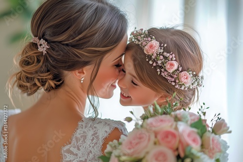 Joyful Mother and Daughter Share a Tender Moment Wearing Bridal Attire in a B...