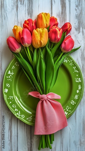 Beautifully Arranged Tulip Bouquet on a Green Plate for a Spring Celebration ...