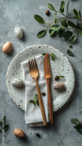 Elegant Table Setting With Quail Eggs and Greenery on a Rustic Plate