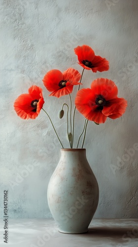 Vibrant Red Poppies Arranged in a Rustic Vase on a Neutral Background for a N...