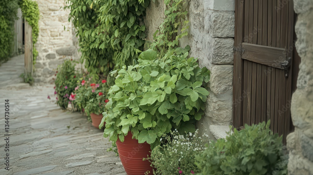 Naklejka premium Vibrant Potted Plants and Flowers Line a Rustic Stone Alleyway