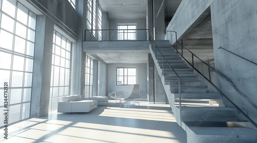 Modern loft living room with industrial design featuring metal accents, open space, large windows, and a mix of textures, 3D render

