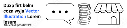 Speech bubble with dots, stacked coins, and storefront icon illustrating conversation, money, commerce. Ideal for business strategy, communication, SME, investment trade marketplace simple landing
