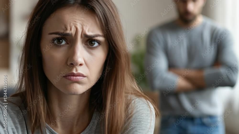 A woman sits on the couch with a worried expression while a man stands in the background, facing away. The atmosphere is tense as they navigate a challenging moment in their relationship A woman sits on the couch with a worried expression while a man stands in the background, facing away. The atmosphere is tense as they navigate a challenging moment in their relationship