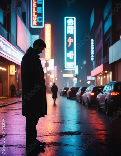 A lone silhouette against the backdrop of a neon city on a rainy night Loneliness in the big night city. Drama. Cinematic picture. Selective focus.