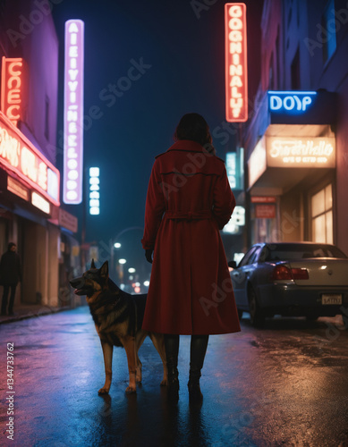 A woman and her dog on a wet street of a neon city on a rainy night Loneliness in the big night city. Drama. Cinematic picture. Selective focus.