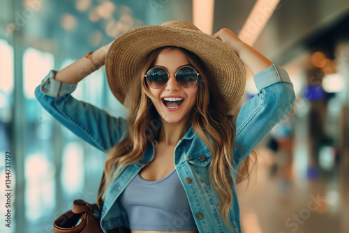 Joyful young woman at airport, thrilled about upcoming vacation, travel excitement.