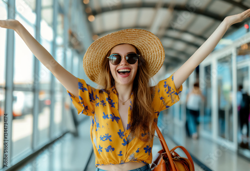 Excited young woman at airport, eager for vacation, holding passport and boarding pass.