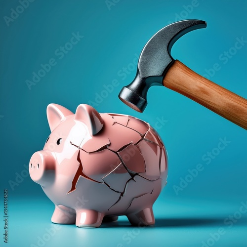 Broken piggy bank with hammer on blue background