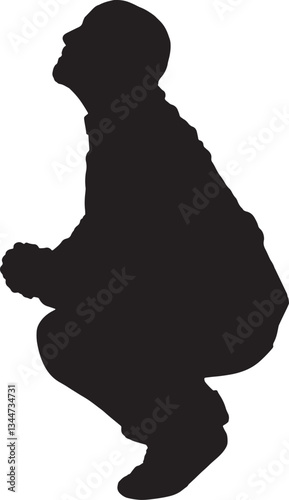 Vector silhouette of a side view of  a man squatting and looking up