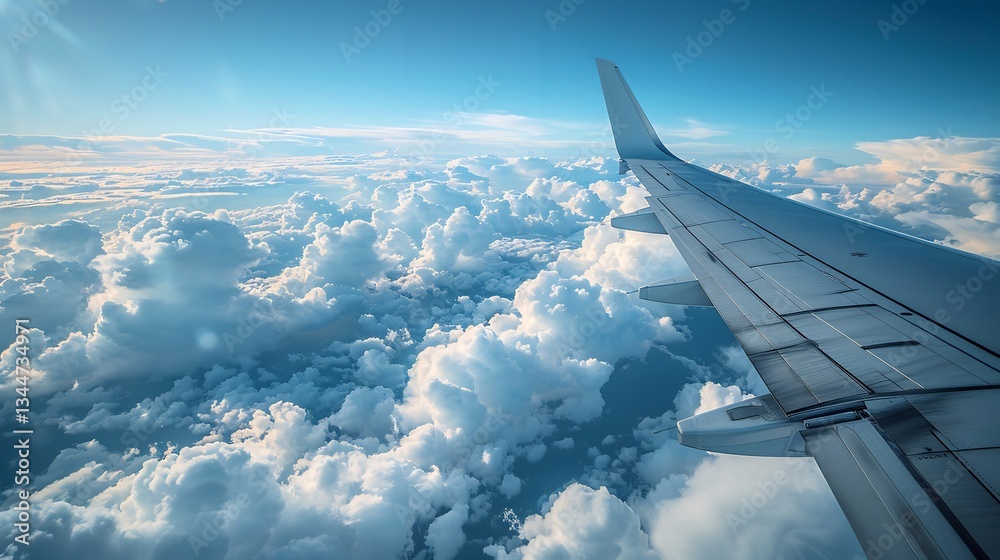 Obraz premium Airplane wing view a window seat clouds and blue sky clean negative space