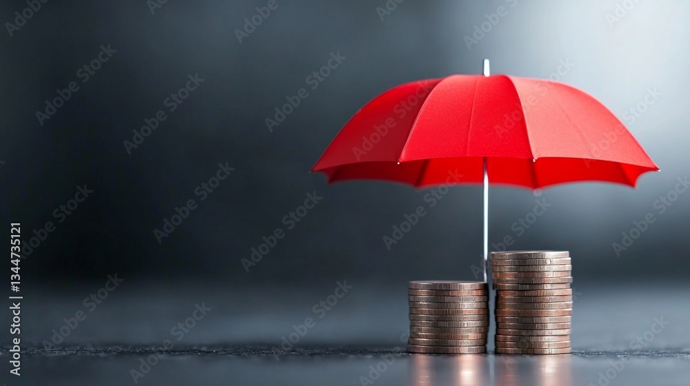 custom made wallpaper toronto digitalA vibrant red umbrella stands over stacks of coins, symbolizing protection and privacy in banking. The dark background emphasizes the importance of safeguarding financial assets in today's world.